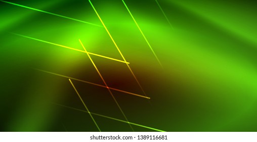 Neon glowing wave, magic energy and light motion background. Vector wallpaper template