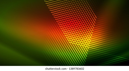 Neon glowing wave, magic energy and light motion background. Vector wallpaper template