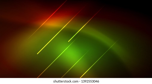 Neon glowing wave, magic energy and light motion background. Vector wallpaper template