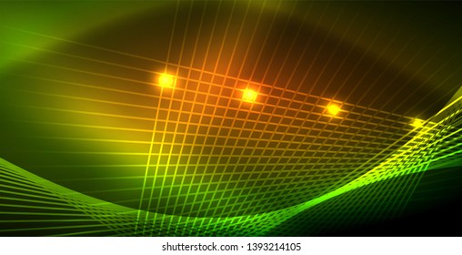 Neon glowing wave, magic energy and light motion background. Vector wallpaper template