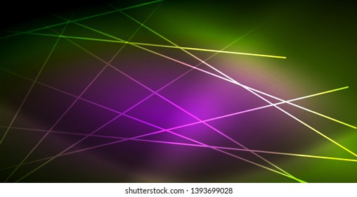 Neon glowing wave, magic energy and light motion background. Vector wallpaper template