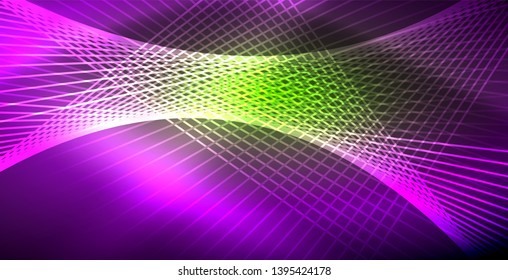 Neon glowing wave, magic energy and light motion background. Vector wallpaper template