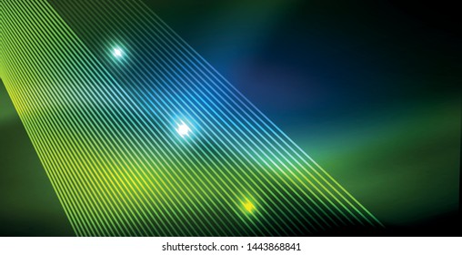 Neon glowing wave, magic energy and light motion background. Vector wallpaper template