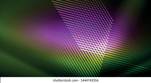 Neon glowing wave, magic energy and light motion background. Vector wallpaper template