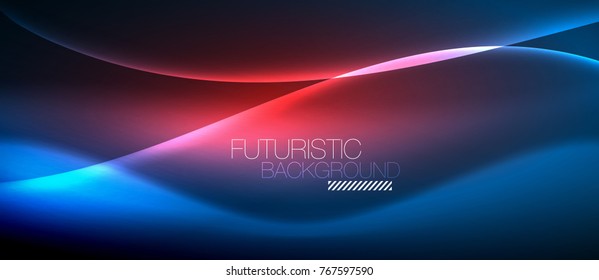 Neon glowing wave, magic energy and light motion background. Vector wallpaper template