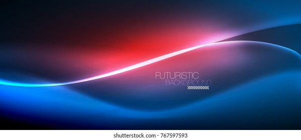Neon glowing wave, magic energy and light motion background. Vector wallpaper template