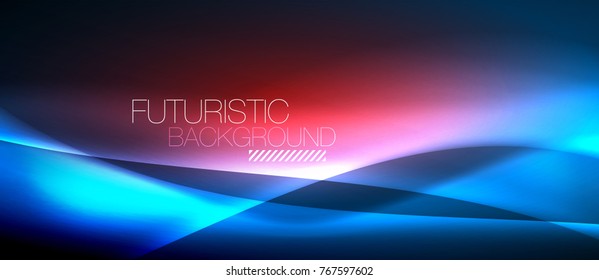 Neon glowing wave, magic energy and light motion background. Vector wallpaper template