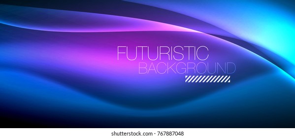 Neon glowing wave, magic energy and light motion background. Vector wallpaper template