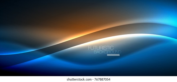 Neon glowing wave, magic energy and light motion background. Vector wallpaper template