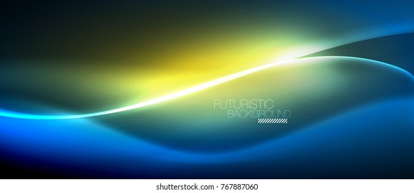 Neon glowing wave, magic energy and light motion background. Vector wallpaper template