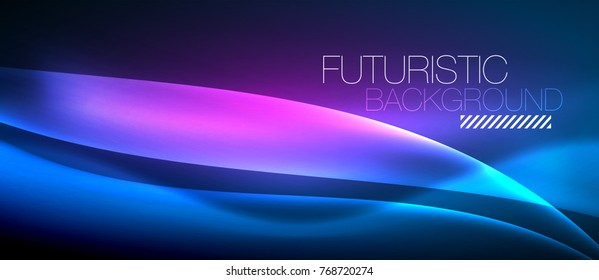 Neon glowing wave, magic energy and light motion background. Vector wallpaper template