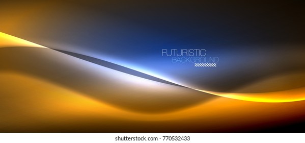 Neon glowing wave, magic energy and light motion background. Vector wallpaper template