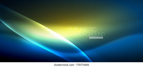 Neon glowing wave, magic energy and light motion background. Vector wallpaper template