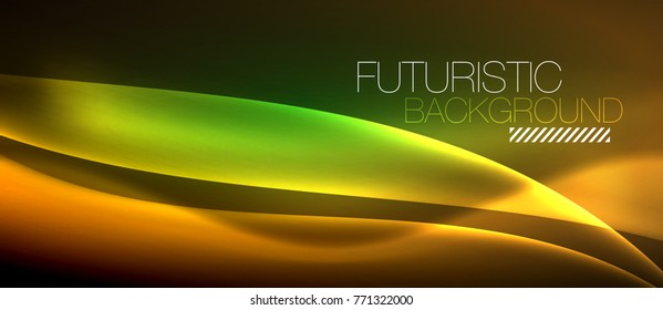 Neon glowing wave, magic energy and light motion background. Vector wallpaper template