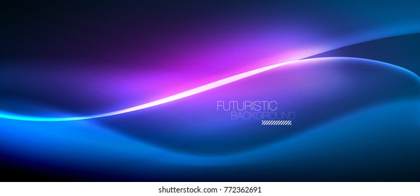 Neon glowing wave, magic energy and light motion background. Vector wallpaper template