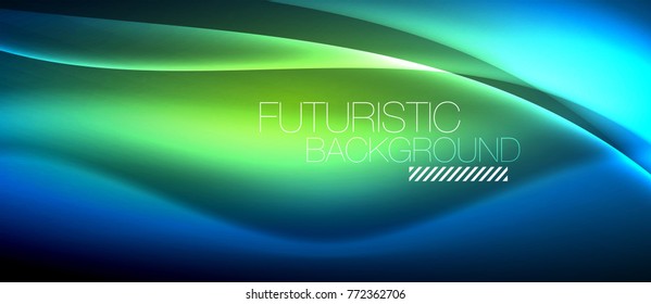 Neon glowing wave, magic energy and light motion background. Vector wallpaper template