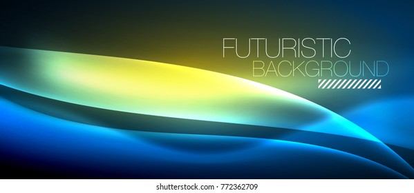 Neon glowing wave, magic energy and light motion background. Vector wallpaper template