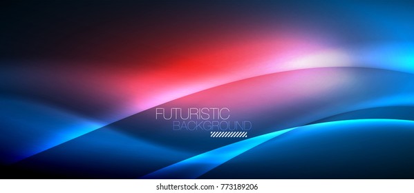 Neon glowing wave, magic energy and light motion background. Vector wallpaper template