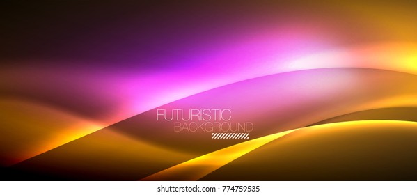 Neon glowing wave, magic energy and light motion background. Vector wallpaper template