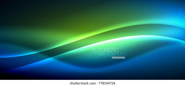 Neon glowing wave, magic energy and light motion background. Vector wallpaper template