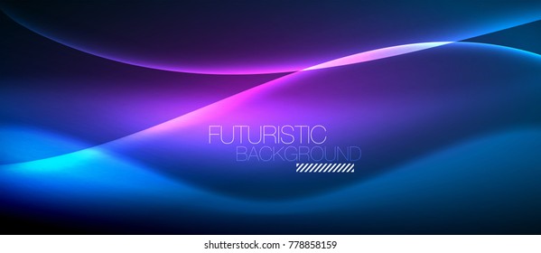 Neon glowing wave, magic energy and light motion background. Vector wallpaper template