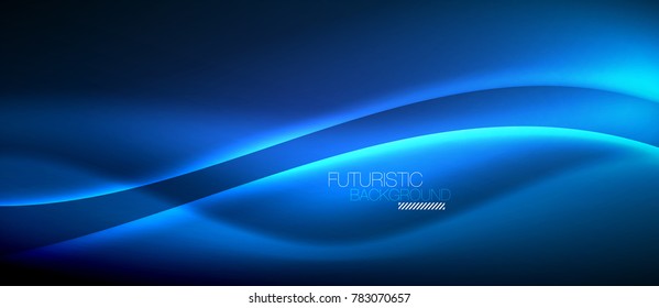 Neon glowing wave, magic energy and light motion background. Vector wallpaper template