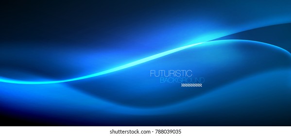 Neon glowing wave, magic energy and light motion background. Vector wallpaper template