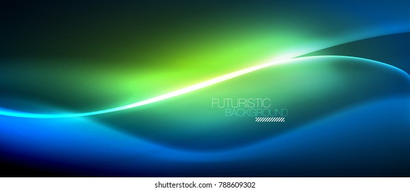 Neon glowing wave, magic energy and light motion background. Vector wallpaper template