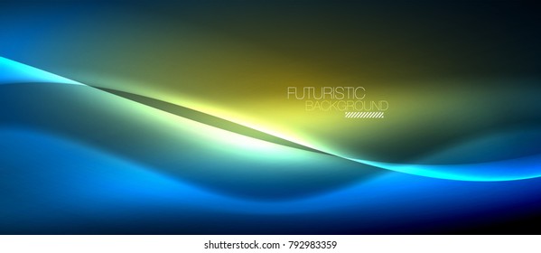 Neon glowing wave, magic energy and light motion background. Vector wallpaper template