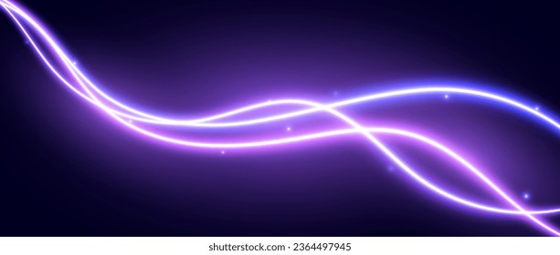 El fondo de las olas brillantes neón. Papel de fondo de pared con formas de curva ondulada rosada púrpura. Líneas de giro eléctricas con destellos. El telón de fondo de las brillantes huellas de violeta mágica. Ilustración de trayectoria ondulada abstracta del vector