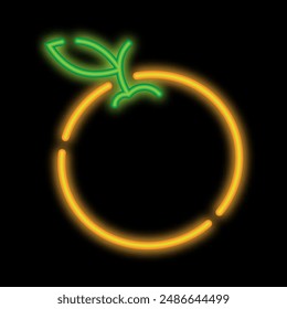 Neon glowing whole orange fruit, juicy citrus. Harvesting tropical fruits. Glowing neon icon isolated on black background