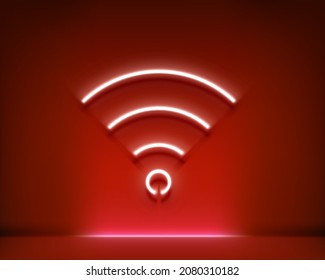 Neon glowing wifi sign in dark interior. 3d style realistic vector illustration