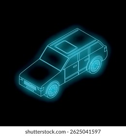 Coche cruzado de estructura de alambre brillante de neón de pie sobre fondo oscuro