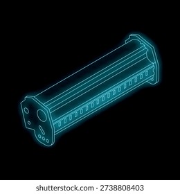 Neon glowing wireframe model of a rifle magazine with bullets on a black background