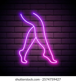 Neon glowing woman legs or feets outline on dark brick wall background with purple and pink colors minimalist design