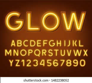 Neon glowing yellow 3d letters and numbers on a dark background.