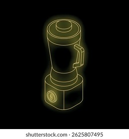 Neon glowing yellow blender on a black background, isometric view of kitchen appliance