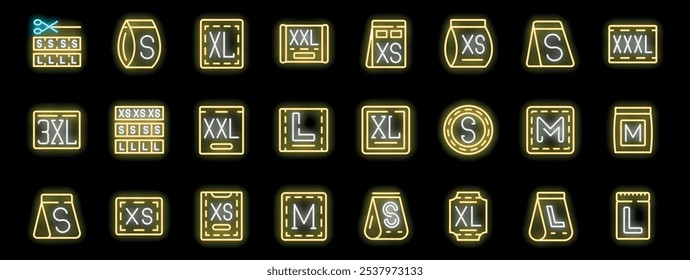 Neon glowing yellow icons representing clothing sizes from extra small to extra extra large, ideal for fashion design, dressmaking and sewing concepts