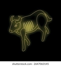 Neon glowing yellow wildebeest outline on a black background representing african wildlife, safari adventures, and exotic travel destinations