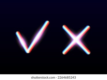 Neon glowing yes and no checkmarks. Shiny check and cross signs. Vote approve and reject glowing icons. X and V emblems.