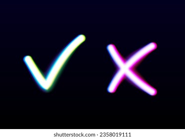 Neon brillando sí y sin marcas de verificación. Luminosa comprobación y señales cruzadas. Vota para aprobar y rechazar iconos brillantes. emblemas X y V.