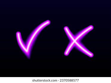 Neon brillando sí y sin marcas de verificación. Luminosa comprobación y señales cruzadas. Vota para aprobar y rechazar iconos brillantes. emblemas X y V.