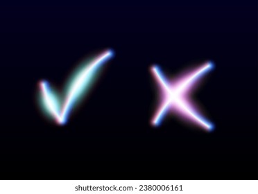 Neon glowing yes and no checkmarks. Shiny check and cross signs. Vote approve and reject glowing icons. X and V emblems.