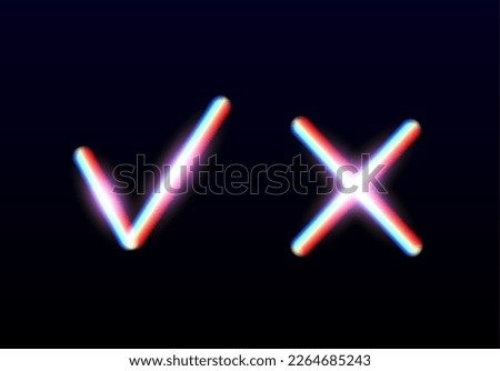 Neon glowing yes and no checkmarks. Shiny check and cross signs. Vote approve and reject glowing icons. X and V emblems.