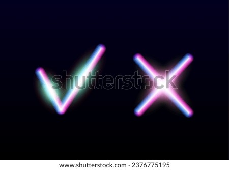 Neon glowing yes and no checkmarks. Shiny check and cross signs. Vote approve and reject glowing icons. X and V emblems.