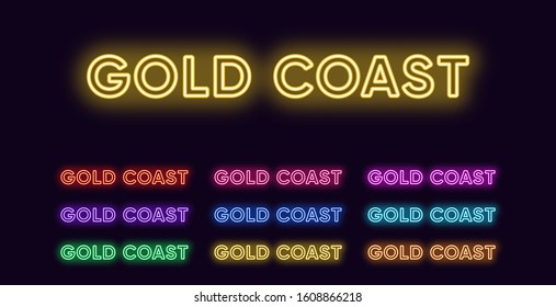 Neon Gold Coast name, city in Australia. Neon text of Gold Coast city. Vector set of glowing headlines with transparent backlight. Red pink purple, violet blue azure, green yellow orange colors