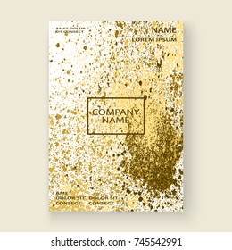 Neon gold explosion paint splatter artistic cover frame design. Decorative xmas splash spray texture white background. Trendy template vector Cover Report Catalog Brochure Flyer Poster Banner