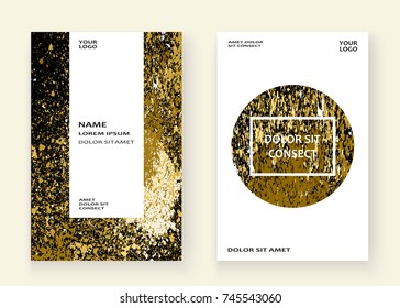 Neon gold explosion paint splatter artistic cover frame design. Decorative xmas splash spray texture black white background. Trendy template vector Cover Report Catalog Brochure Flyer Poster Banner