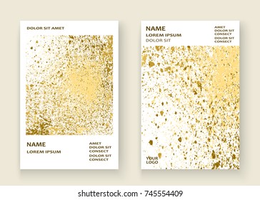 Neon gold explosion paint splatter artistic cover frame design. Decorative xmas splash spray texture white background. Trendy template vector Cover Report Catalog Brochure Flyer Poster Banner