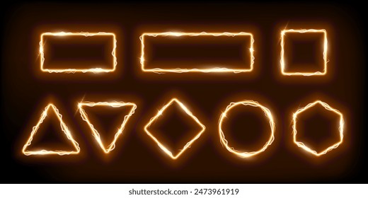 Neon gold frames set with electro flash of lightning vector illustration. Abstract yellow square circle rectangle rhombus hexagon fantasy gates with flare and glow electricity light effect on borders.